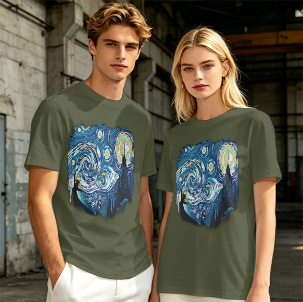 Olive T-Shirt with Starry Night Art Print