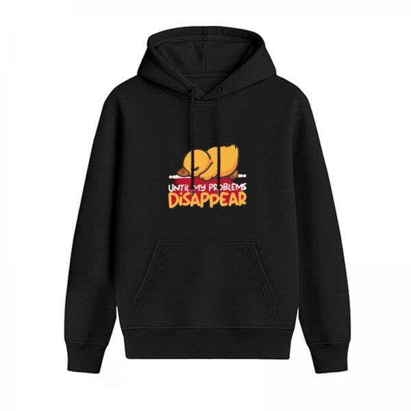 Black hoodie with sleeping duck graphic and 'Until My Problems Disappear' text