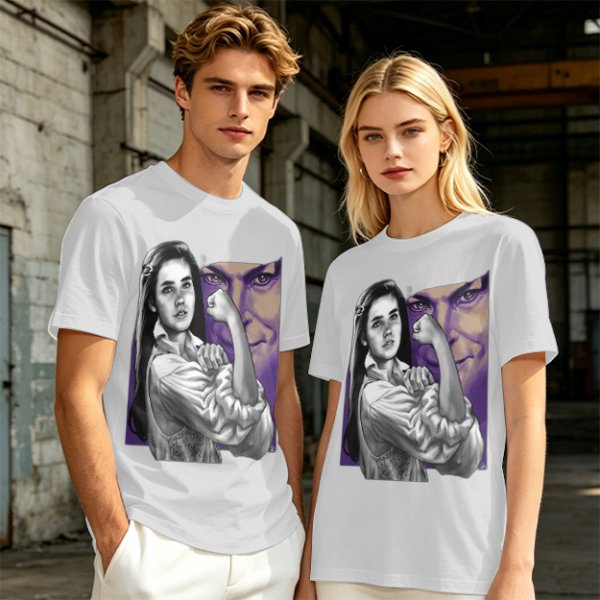 Olive T-shirt with vintage woman flexing arm graphic print