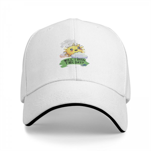 Black baseball cap with cute sun graphic and 'Will I Ruin This Day?' text