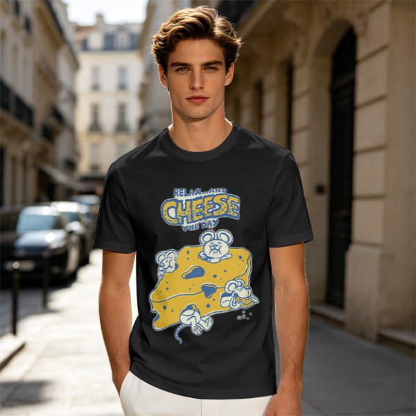 Olive graphic t-shirt with 'Relax and Cheese the Day' and mice on cheese
