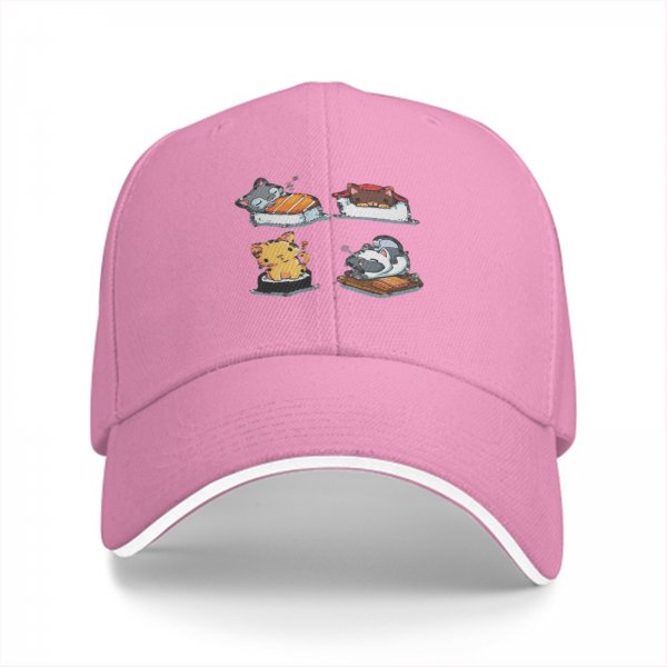 Black Baseball Cap With Cute Cat Sushi Artwork