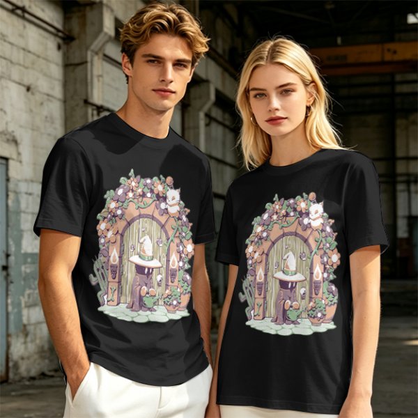 Olive T-Shirt With Whimsical Wizard Cat Garden Door Art