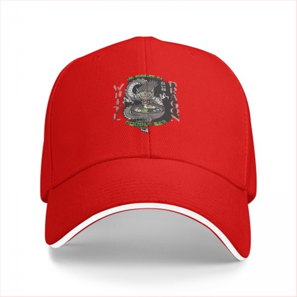 Black baseball cap with White Dragon Noodle Bar graphic design