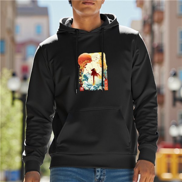 Black Hoodie With Japanese Style Sunset Wave Graphic Print