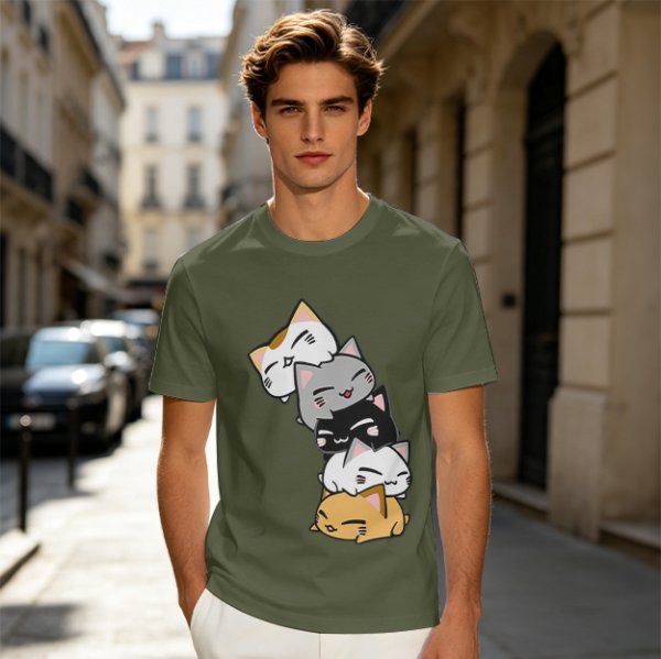 Olive T-Shirt With Stacked Cute Chibi Cats Graphic