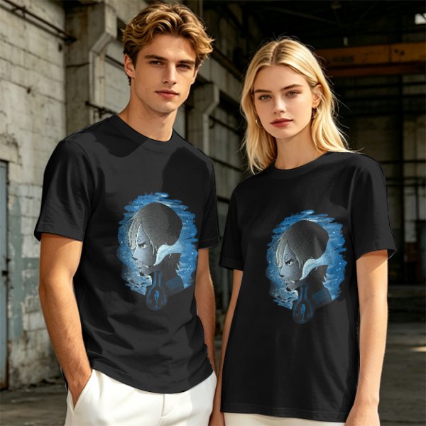 Olive T-Shirt With Anime Character Profile In Blue Cosmic Print