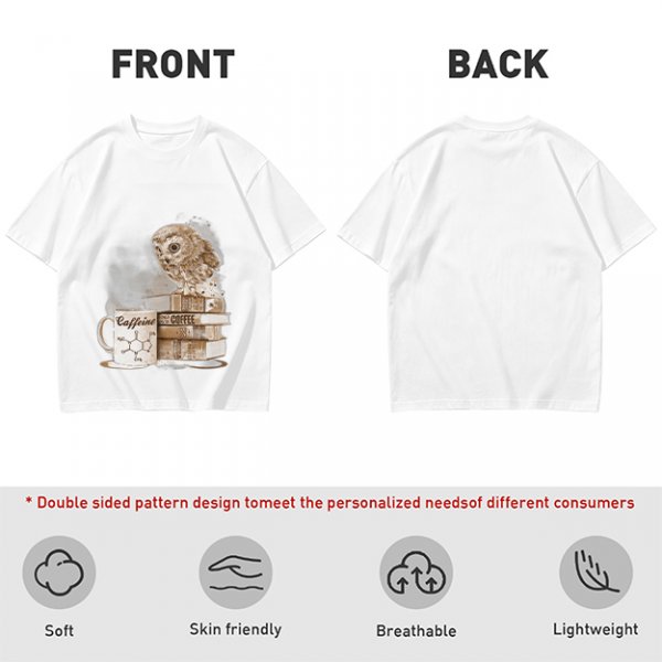 Owl on coffee books and caffeine mug graphic t-shirt