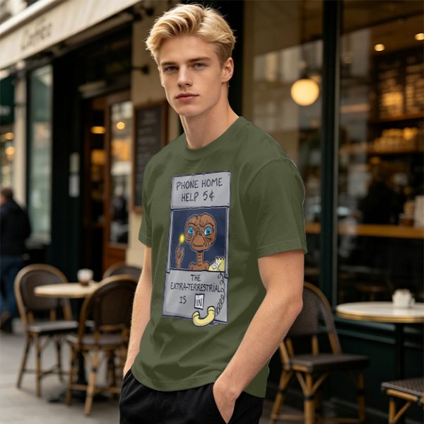 Olive green t-shirt with E.T. phone home graphic print