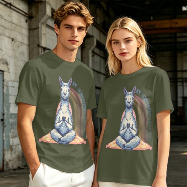 Olive T-Shirt With Meditating Llama Rainbow Graphic
