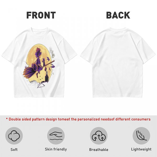 Olive t-shirt with witch flying on broom against full moon