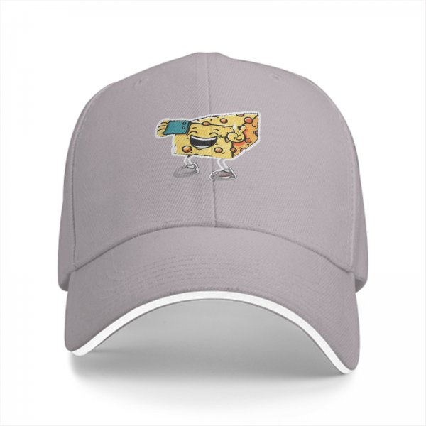 Black Baseball Cap With Cartoon Cheese Taking Selfie Peace Sign