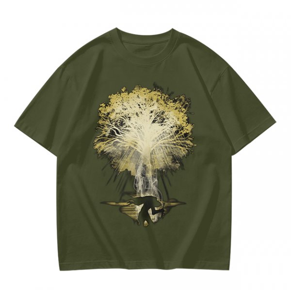 Olive Green T-Shirt With Glowing Tree Reflection Art