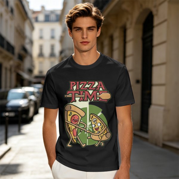 Olive green pizza graphic t-shirt with playful pizza slice characters