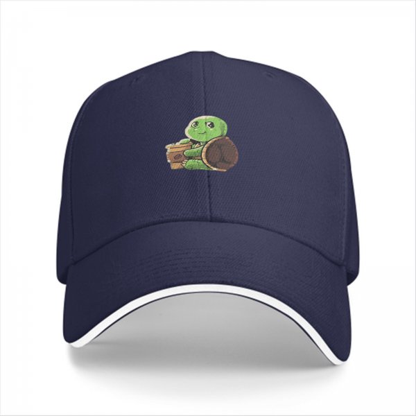 Black Baseball Cap With Cute Turtle Holding Coffee Cup Print