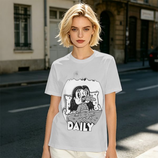 Olive green graphic t-shirt with bedridden cartoon girl and 'DAILY' text