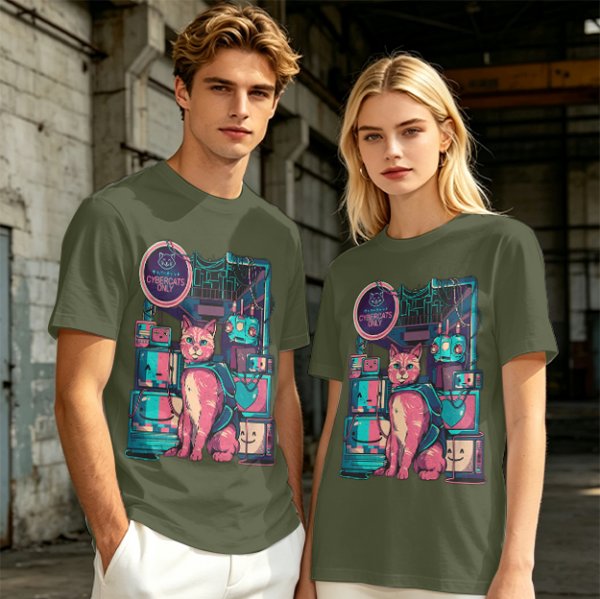 Olive T-Shirt with Cyberpunk Pink Cat and Robotic Tech Print