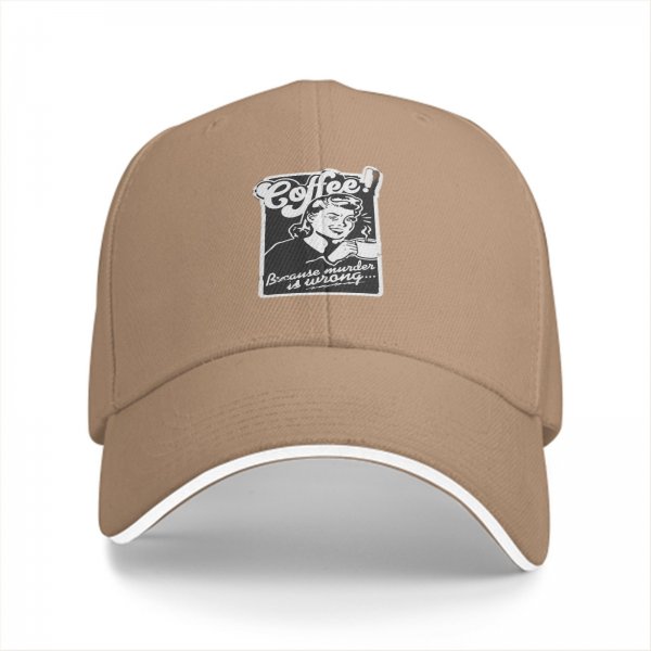 Black baseball cap with 'Coffee! Because murder is wrong' retro print