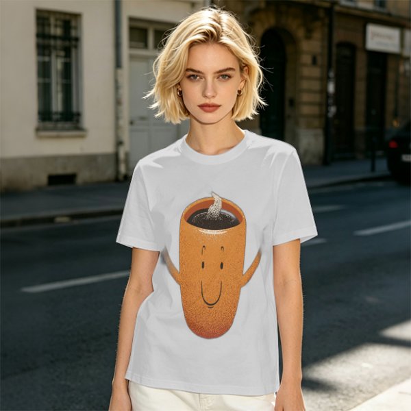 Olive Green T-Shirt With Happy Steaming Coffee Cup Graphic