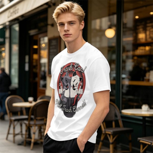Olive t-shirt with retro cartoon raccoon and dog trash can print