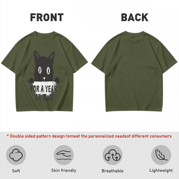 Olive graphic t-shirt with black cat holding 'for a year or two' text