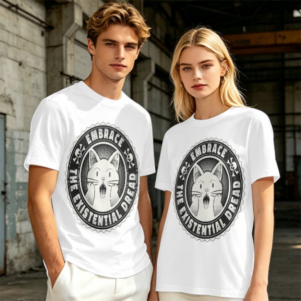 Olive t-shirt with 'Embrace the Existential Dread' screaming cat graphic