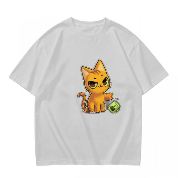 Olive T-shirt with mischievous orange cat knocking over green cup print