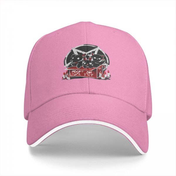 Black baseball cap with adopt an evil pet satanic cat and dog graphic