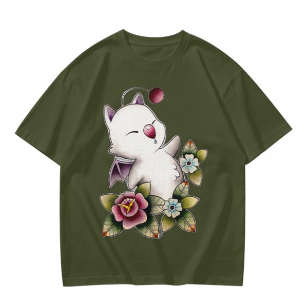 Olive T-Shirt Featuring Cute Fantasy Creature and Floral Art