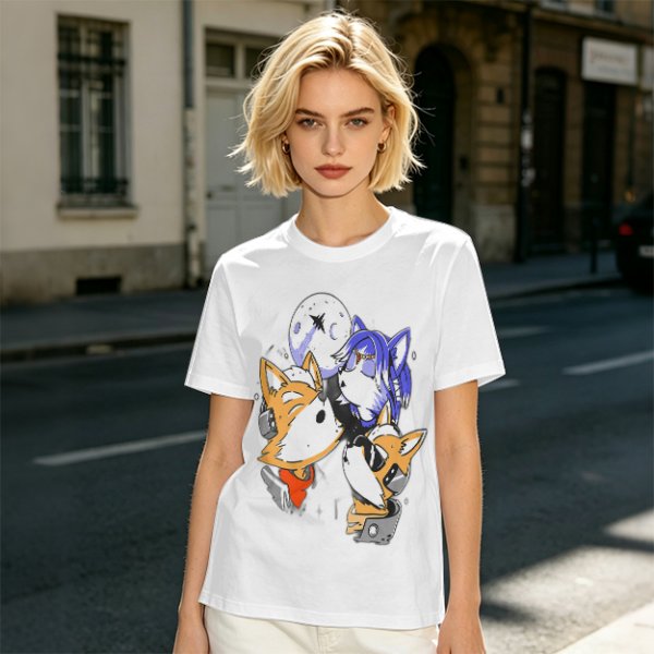 Olive T-shirt with Space Fox Crew Graphic Design