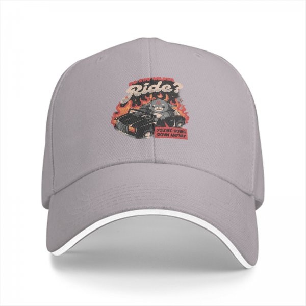 Black baseball cap with devil cat driving flaming car 'Do You Wanna Ride?' print