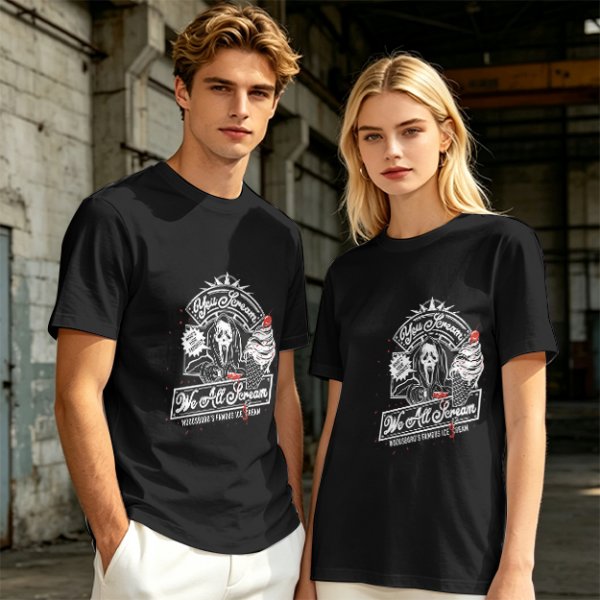 Olive green graphic t-shirt with horror ice cream themed print