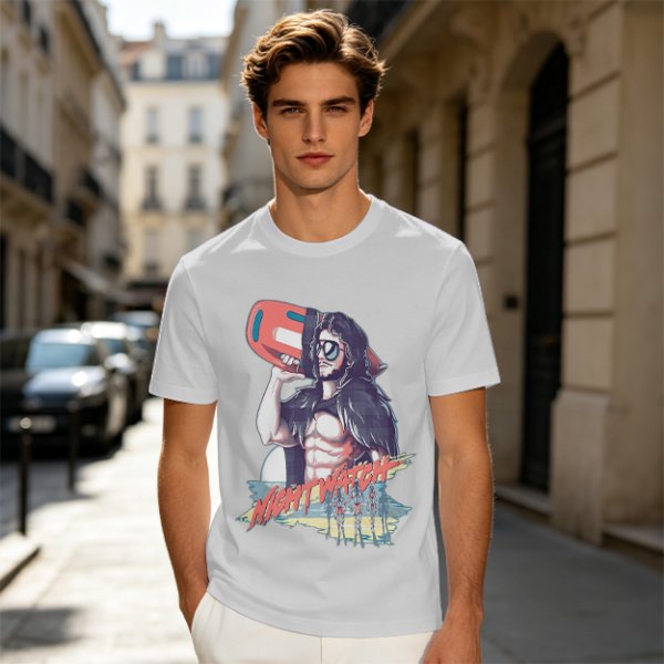 Olive Graphic T-Shirt with Muscular Figure Holding Red Device and Night Watch Text