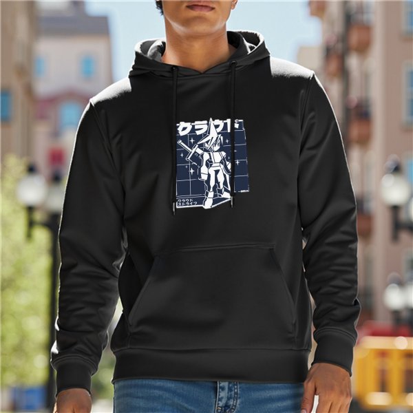 Black hoodie with anime robot graphic and Japanese text print