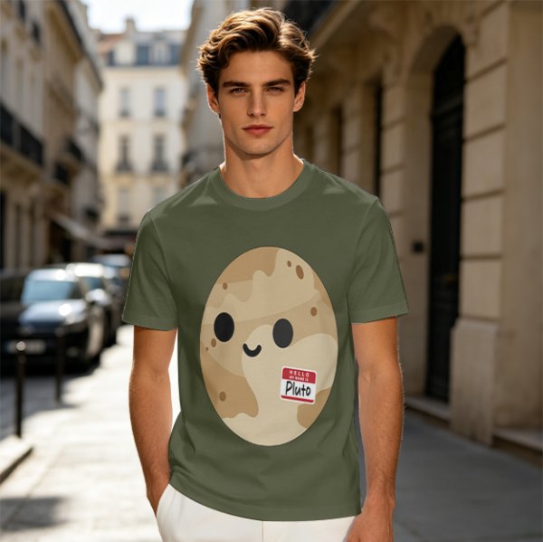 Olive T-Shirt With Cute Pluto Potato Character Graphic