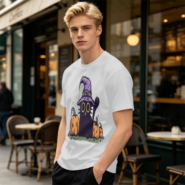 Olive Halloween T-Shirt with Black Cat Witch and Pumpkins