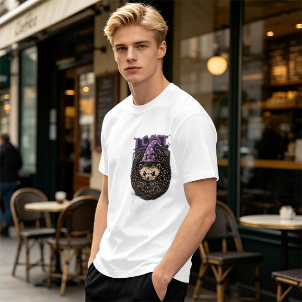 Olive green t-shirt with a hedgehog wizard graphic and 'I CAST' text