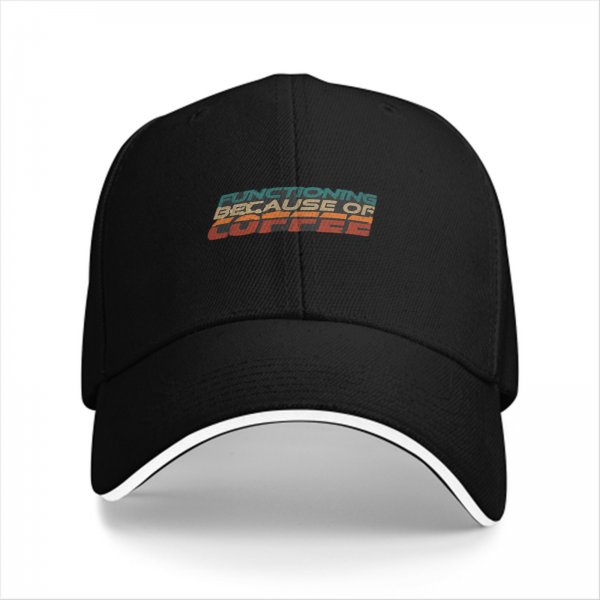 Black Baseball Cap With 'Functioning Because Of Coffee' Retro Text
