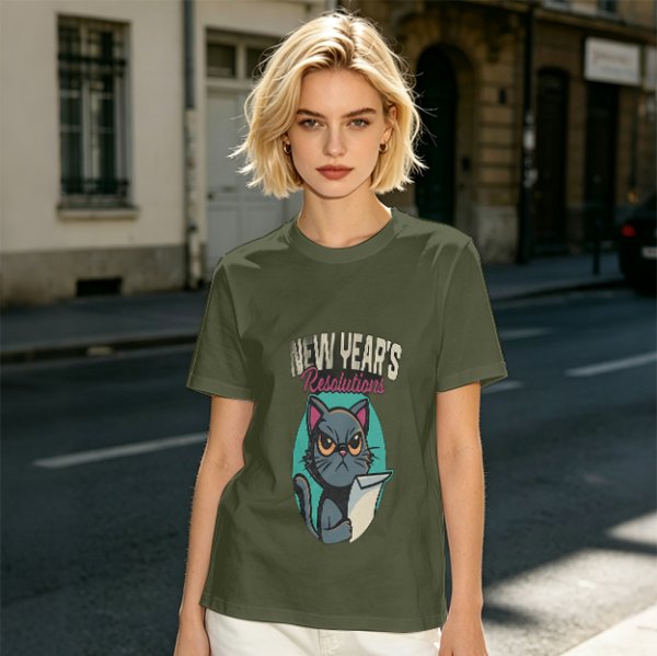 Olive green graphic t-shirt with grumpy cat holding New Year's resolutions