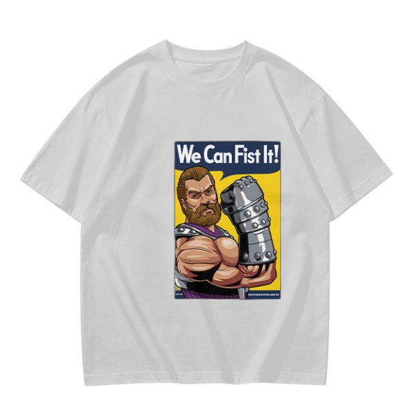 Olive graphic t-shirt with We Can Fist It! armored warrior print