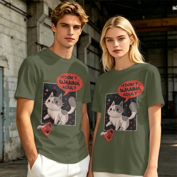 Olive cat graphic t-shirt with 'I don't wanna adult' print