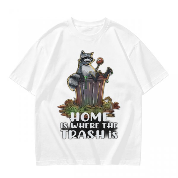 Olive t-shirt with raccoon in trash can and funny home quote