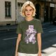 Olive green t-shirt with playful Mount Fuji character graphic print