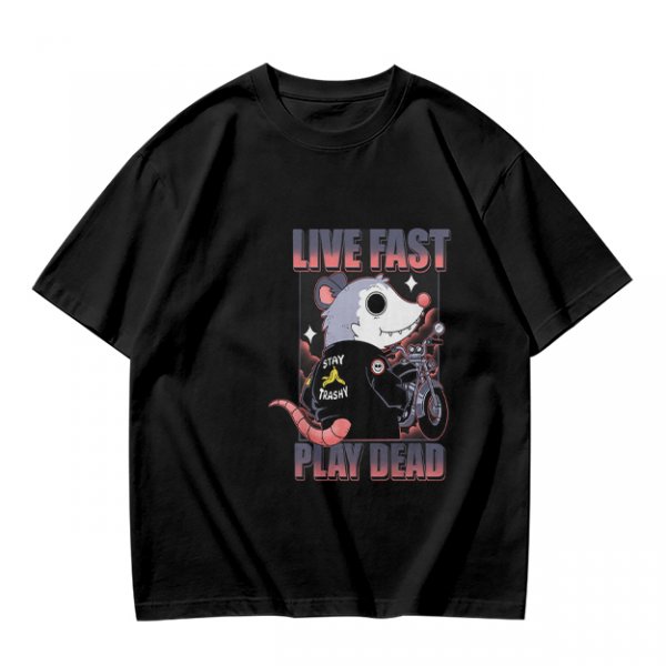 Olive t-shirt with live fast play dead opossum biker graphic