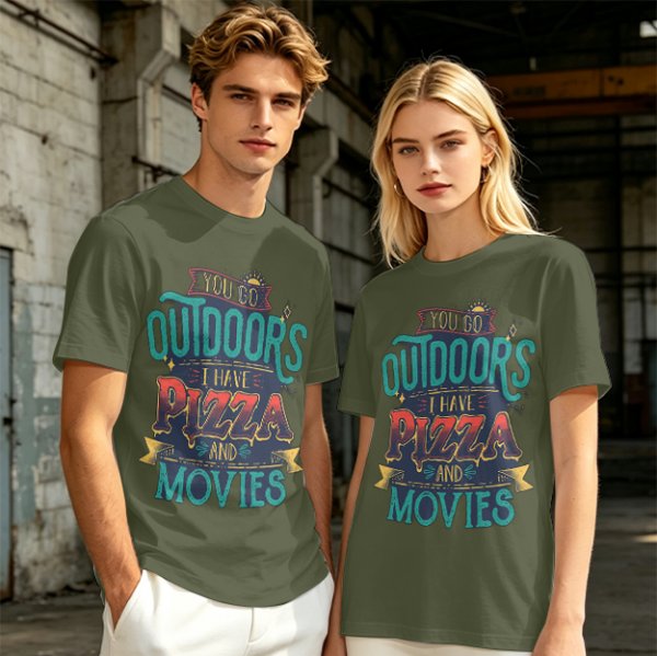 Olive Graphic T-Shirt With 'You Go Outdoors I Have Pizza And Movies' Print