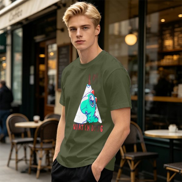 Olive T-Shirt With Cute Dinosaur Graphic And 'What I'm Doing' Text