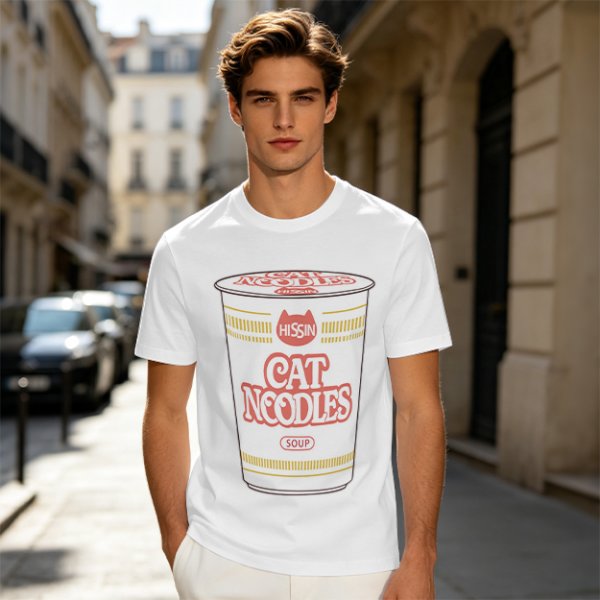 Olive T-shirt with Cat Noodles Cup Print