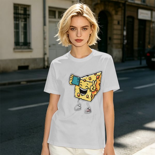 Olive T-shirt with a cartoon cheese taking a selfie and making a peace sign