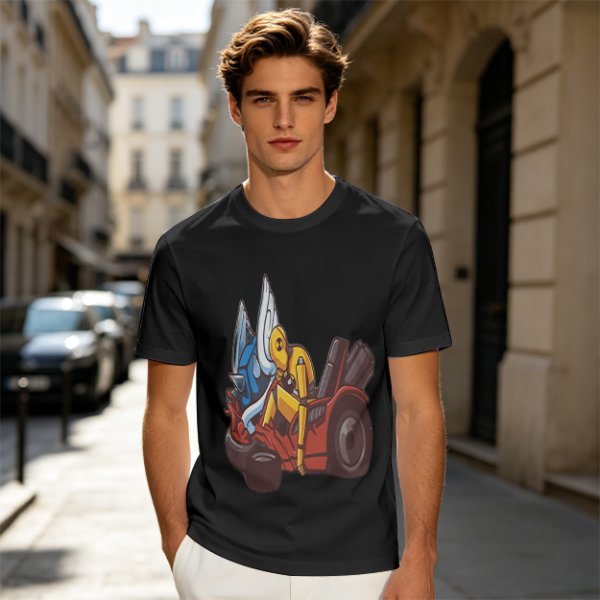 Olive T-Shirt With Cartoon Robot And Winged Vehicle Graphic