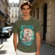 Olive T-Shirt with Cartoon Pirate Ship Blue Sea Cruise Print